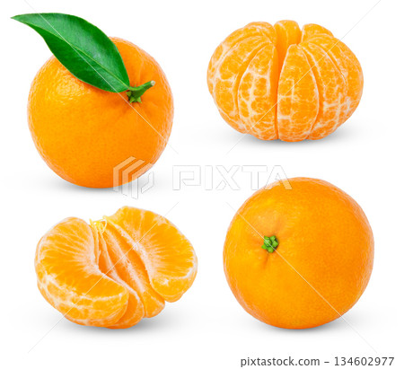 Ripe tangerines set, whole, peeled, without peel, isolated on a white background. Mandarin with leaf. 134602977