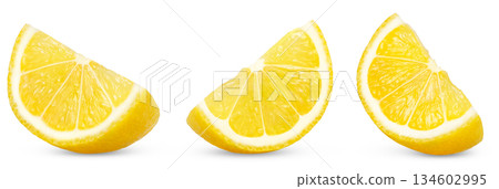 Lemon slices collection. Yellow lemon slice set. Citrus fruit isolated on white background. Full depth of field. Lemon slices collection. Yellow lemon slice set. Citrus fruit isolated on white background. Full depth of field. 134602995