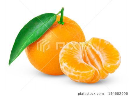 Tangerine citrus fruit with green leaf and mandarin half or slices isolated. Mandarin fruit and half, Clementine with peeled slices. 134602996
