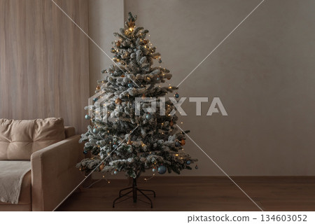Cozy Living Room with Decorated Christmas Tree and Festive Interior Cozy Living Room with Decorated Christmas Tree and Festive Interior 134603052