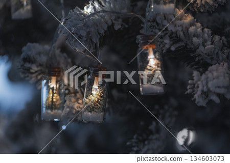 Christmas Tree with Bottle Lights and Miniature Pine Decorations. Soft focus Christmas Tree with Bottle Lights and Miniature Pine Decorations. Soft focus 134603073