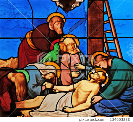 13th Stations of the Cross, Jesus' body is removed from the cross, stained glass windows in the Saint Eugene - Saint Cecilia Church, Paris, France 13th Stations of the Cross, Jesus' body is removed from the cross, stained glass windows in the Saint Eugene - Saint Cecilia Church, Paris, France 134603288
