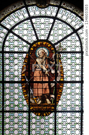 Saint John the Baptist, stained glass window in the portal of the Saint Sulpice Church, Paris, France 134603303