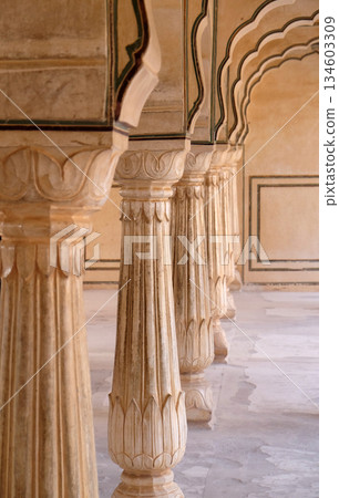 White marble hall of Sattais Katcheri at Amber Fort in Jaipur, Rajasthan, India 134603309