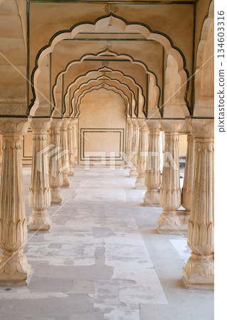 White marble hall of Sattais Katcheri at Amber Fort in Jaipur, Rajasthan, India 134603316