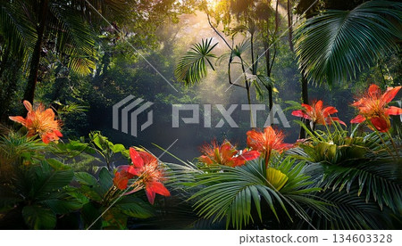 tropical jungle with beautiful colorful flowers tropical jungle with beautiful colorful flowers 134603328