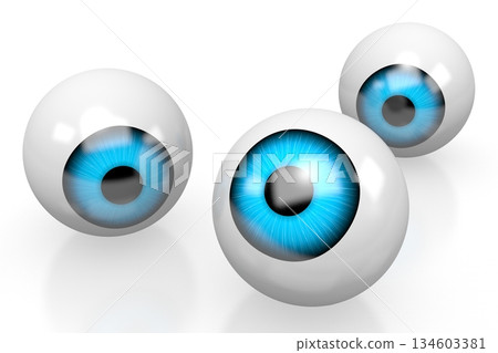 Three eyeballs with blue iris isolated on white background - 3D illustration 134603381