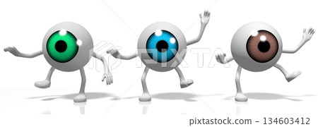 Three colorful eyeballs isolated on white background - 3D illustration 134603412