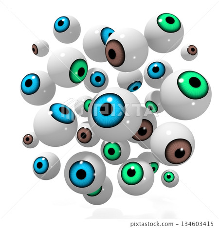 Many colorful eyeballs isolated on white background - 3D illustration 134603415