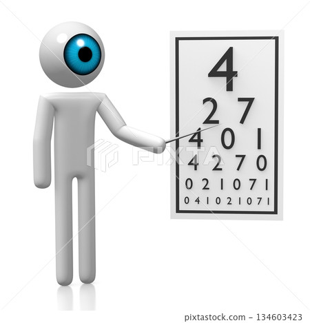 Cartoon eyeball character and vision checkup chart - optician concept - 3D illustration 134603423