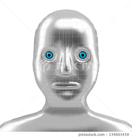 Shiny metal humanoid robot face - 3D illustration 134603439