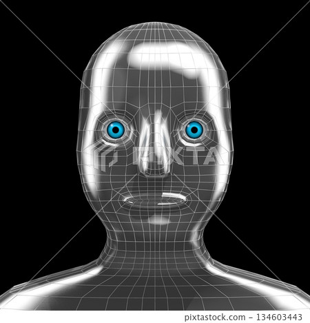 Shiny metal humanoid robot face - 3D illustration 134603443