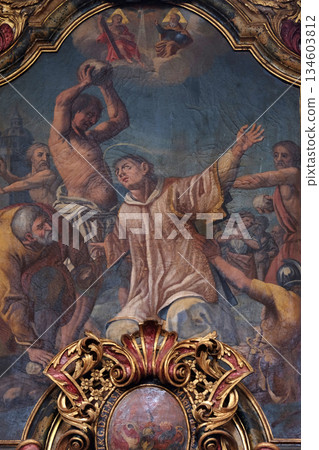 The stoning of St. Stephen on the Saint Joseph altar in the church of Saint Leonard of Noblac in Kotari, Croatia 134603812