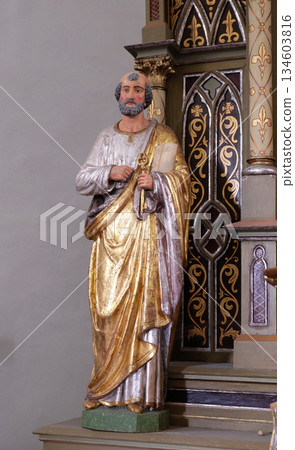 Statue of Apostle saint Peter on the altar of the Virgin Mary in the church of Saint Martin in Sveti Martin pod Okicem, Croatia 134603816