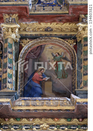 The Annunciation of the Virgin Mary altarpiece in the Church of Saint Michael in Vugrovec, Croatia The Annunciation of the Virgin Mary altarpiece in the Church of Saint Michael in Vugrovec, Croatia 134603821