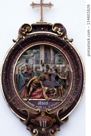 7th Stations of the Cross, Jesus falls the second time, Carthusian monastery in Pleterje, Slovenia 134603826