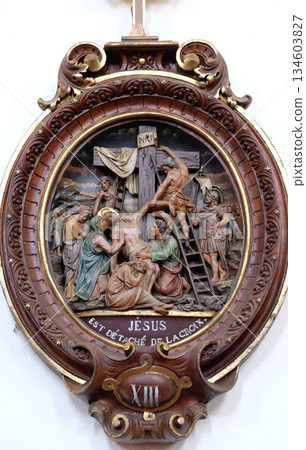 13th Stations of the Cross,Jesus' body is removed from the cross, Carthusian monastery in Pleterje, Slovenia 134603827