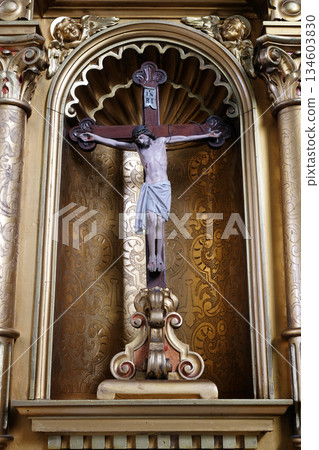 Cross on the altar in the Basilica of the Sacred Heart of Jesus in Zagreb, Croatia 134603830
