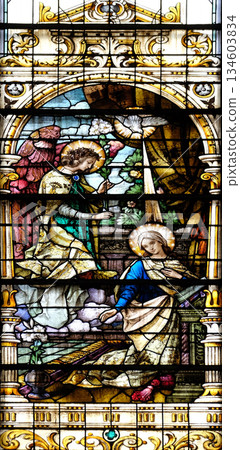 Annunciation of the Virgin Mary, stained glass window in the Basilica of the Sacred Heart of Jesus in Zagreb, Croatia Annunciation of the Virgin Mary, stained glass window in the Basilica of the Sacred Heart of Jesus in Zagreb, Croatia 134603834
