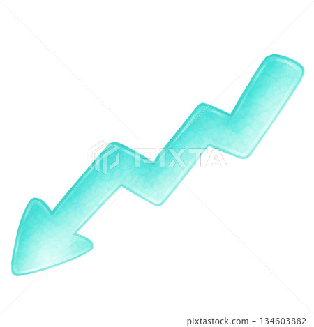 Watercolor-style zigzag downward arrow, Tiffany blue icon representing decrease or decline, transparent background 134603882
