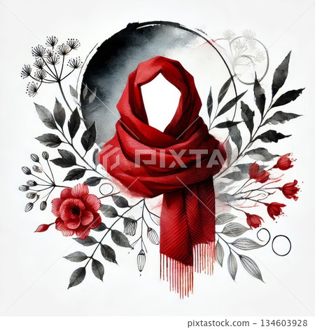 Watercolor illustration of red scarf on faceless figure with floral elements, modern feminine concept 134603928