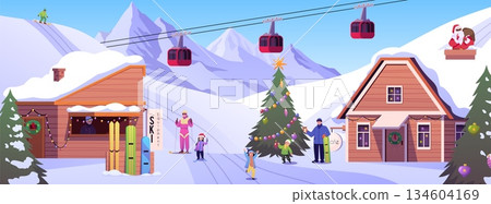People are relaxing at winter holiday resort, snowy ski slope, lifts and cottages with Christmas decorations flat vector 134604169