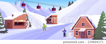 Winter resort with characters, buildings, mountain scenery, and a cable car. Winter resort with characters, buildings, mountain scenery, and a cable car. 134604171