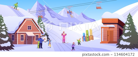 People are relaxing at the winter resort, snowy ski slope, lifts and cottages, winter sports, skiing and snowboarding People are relaxing at the winter resort, snowy ski slope, lifts and cottages, winter sports, skiing and snowboarding 134604172