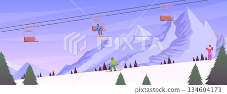 Snowy ski slope and ski lifts, pine trees on mountain background, vector people skiing and snowboarding, winter resort Snowy ski slope and ski lifts, pine trees on mountain background, vector people skiing and snowboarding, winter resort 134604173