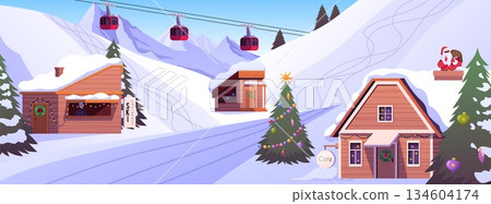 Ski slope and lifts, pine trees and cottages with Christmas decorations on mountain background, winter holiday resort Ski slope and lifts, pine trees and cottages with Christmas decorations on mountain background, winter holiday resort 134604174