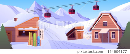 A winter ski resort with a snow-capped mountain landscape, wooden chalets, and a cable car. A winter ski resort with a snow-capped mountain landscape, wooden chalets, and a cable car. 134604177