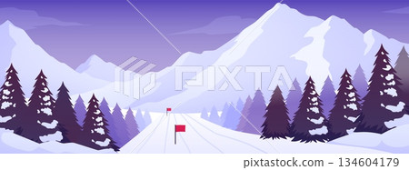 Snowy ski slope with red flags and pine trees on the mountains background, vector flat Alpine landscape, winter sports Snowy ski slope with red flags and pine trees on the mountains background, vector flat Alpine landscape, winter sports 134604179