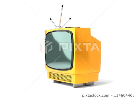 Retro yellow television set isolated on white background - 3D illustration 134604403
