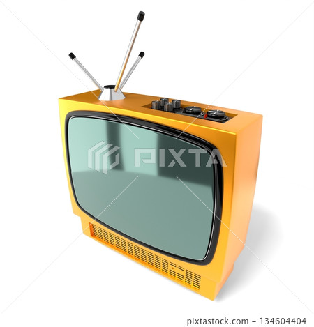 Retro yellow television set isolated on white background - 3D illustration Retro yellow television set isolated on white background - 3D illustration 134604404