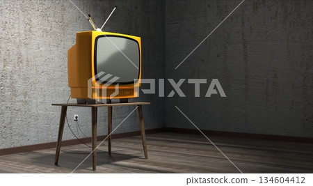 Retro television set, concrete walls - 3D illustration Retro television set, concrete walls - 3D illustration 134604412