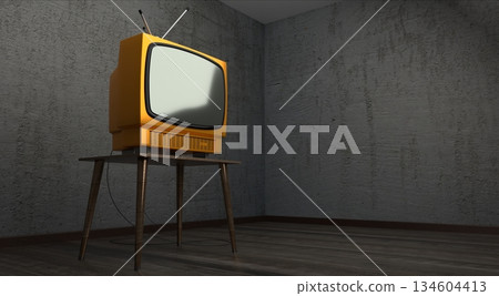 Retro television set, concrete walls - 3D illustration 134604413
