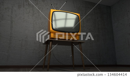 Retro television set, concrete walls - 3D illustration Retro television set, concrete walls - 3D illustration 134604414