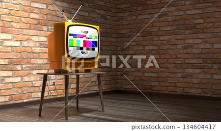 Retro television set, brick walls - 3D illustration 134604417