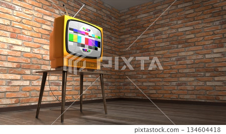 Retro television set, brick walls - 3D illustration 134604418
