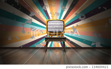 Retro television set, wallpaper on cracked wall - 3D illustration Retro television set, wallpaper on cracked wall - 3D illustration 134604421