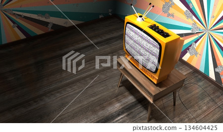 Retro television set, wallpaper on cracked wall - 3D illustration 134604425