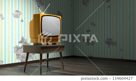Retro television set, wallpaper on cracked wall - 3D illustration Retro television set, wallpaper on cracked wall - 3D illustration 134604427