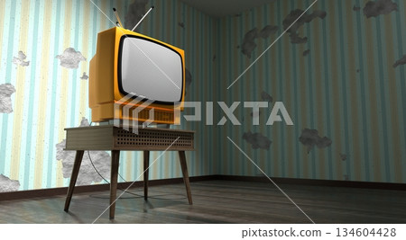 Retro television set, wallpaper on cracked wall - 3D illustration 134604428