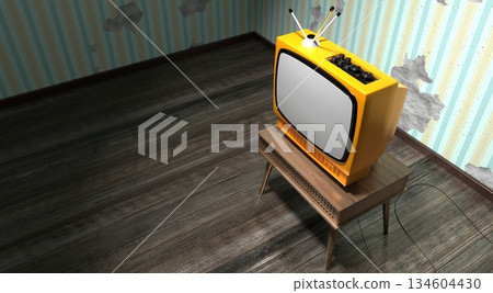 Retro television set, wallpaper on cracked wall - 3D illustration 134604430