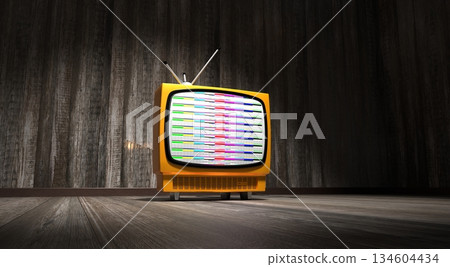 Retro television set, wooden walls and floor - 3D illustration Retro television set, wooden walls and floor - 3D illustration 134604434