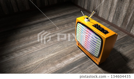 Retro television set, wooden walls and floor - 3D illustration Retro television set, wooden walls and floor - 3D illustration 134604435