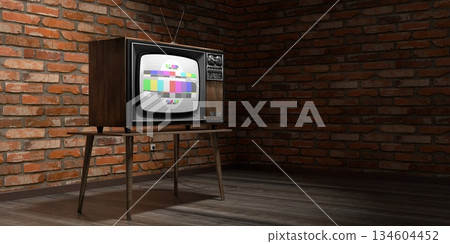 Retro television set, brick walls - 3D illustration Retro television set, brick walls - 3D illustration 134604452