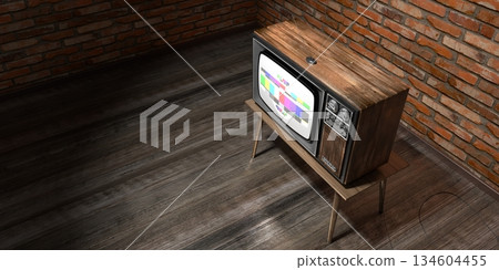 Retro television set, brick walls - 3D illustration Retro television set, brick walls - 3D illustration 134604455