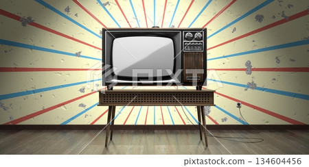 Retro television set, wallpaper on cracked wall - 3D illustration Retro television set, wallpaper on cracked wall - 3D illustration 134604456