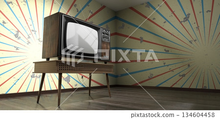 Retro television set, wallpaper on cracked wall - 3D illustration 134604458